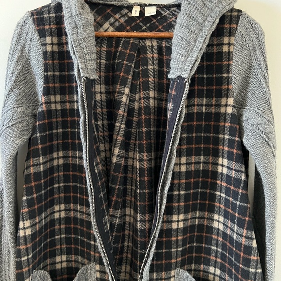 Moth (Anthropologie) Derry Cable Knit Wool Plaid Flannel Hooded Sweater Jacket - Picture 5 of 13